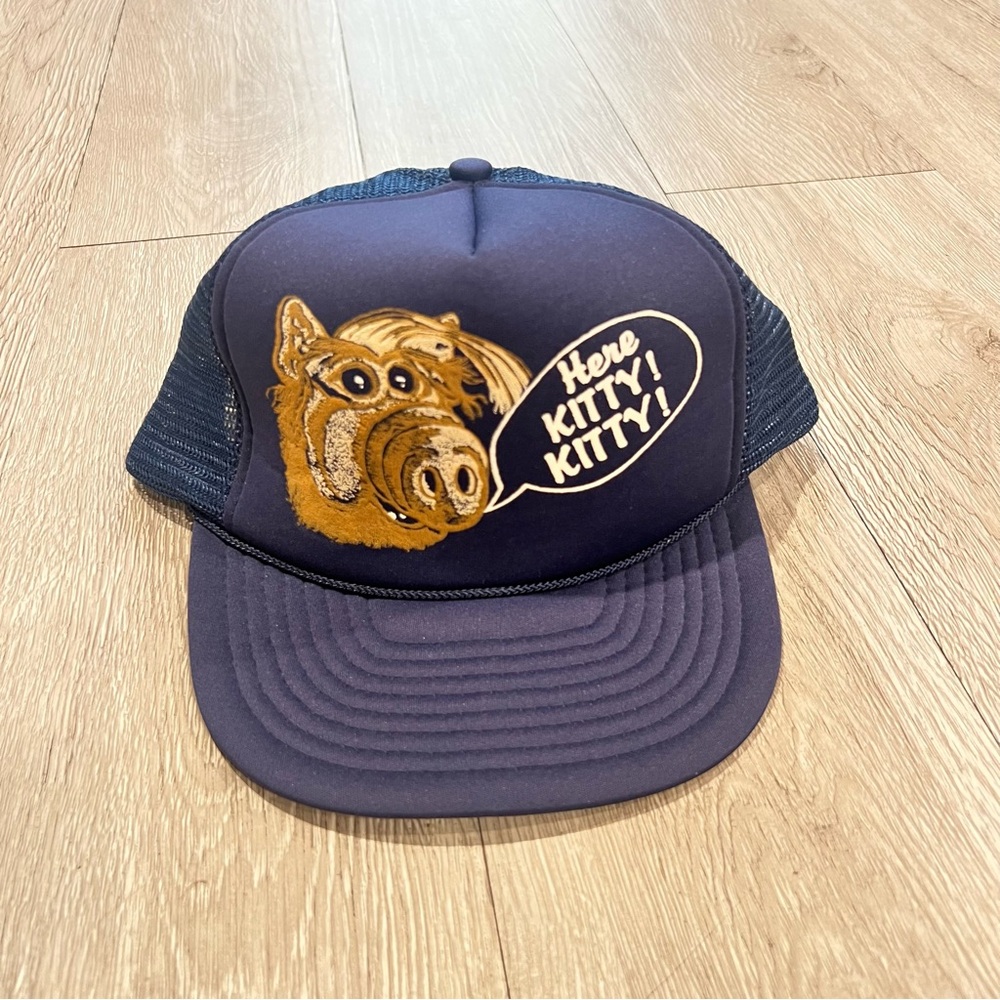 VTG Alf Here Kitty Kitty Hat Blue SnapBack Y2K Trucker Hat Made In USA 80s
